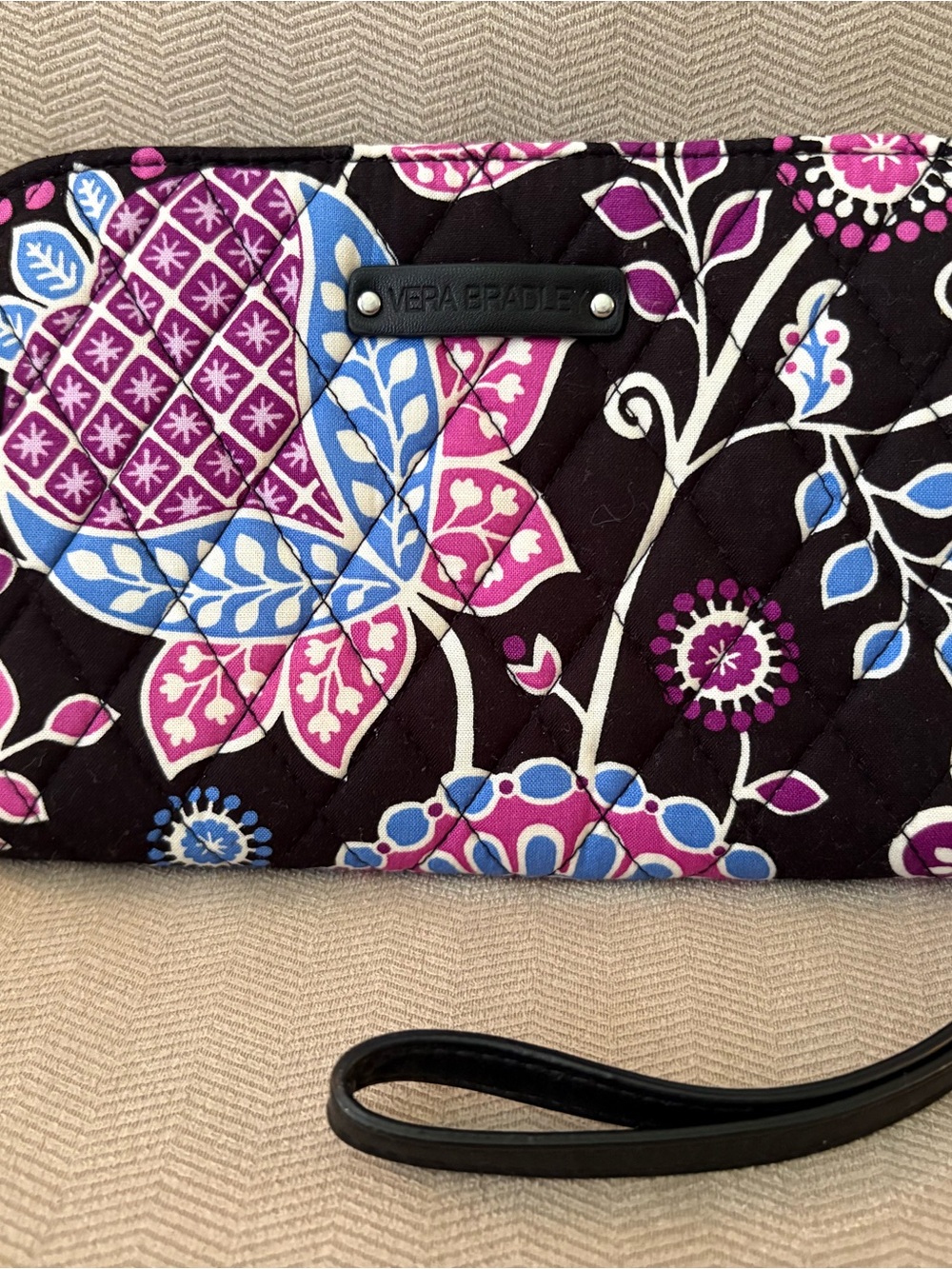 Vera Bradley Quilted Floral Wristlet - Black, Pink & Blue